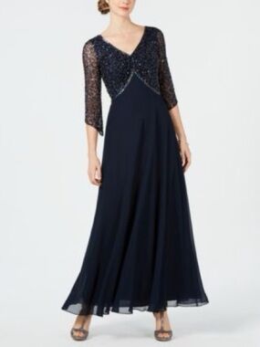 J Kara Navy Beaded V-Neck Maxi Gown